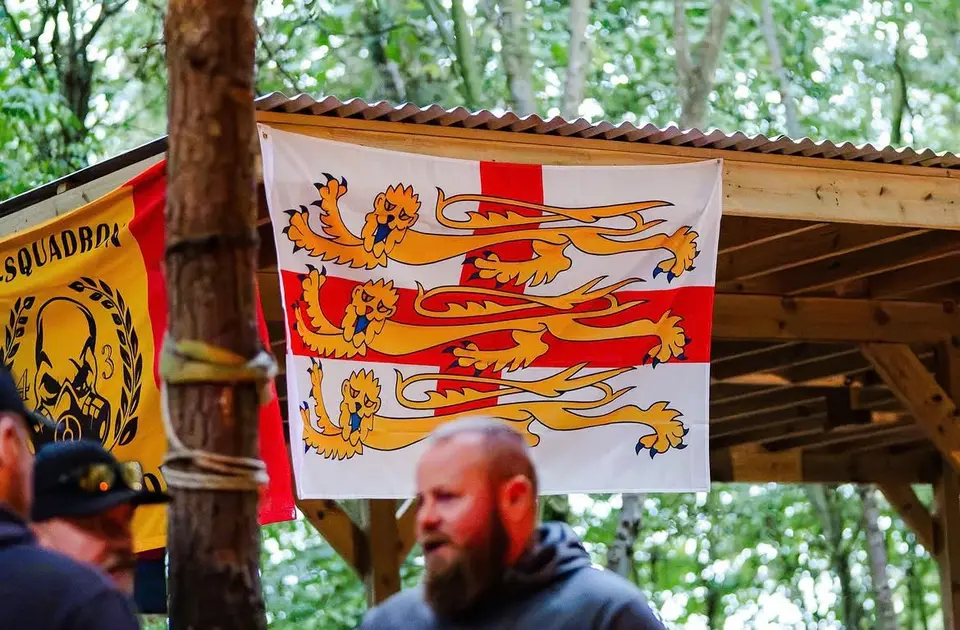 A three lions flag pinned up beside the camp at the Thistleton site.